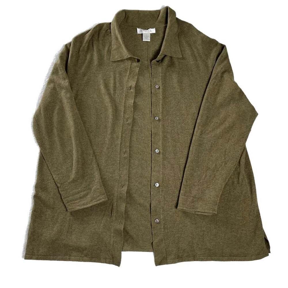 elana by tanner Olive Knit Button Front Cardigan Minimalist Quiet Luxury L‎